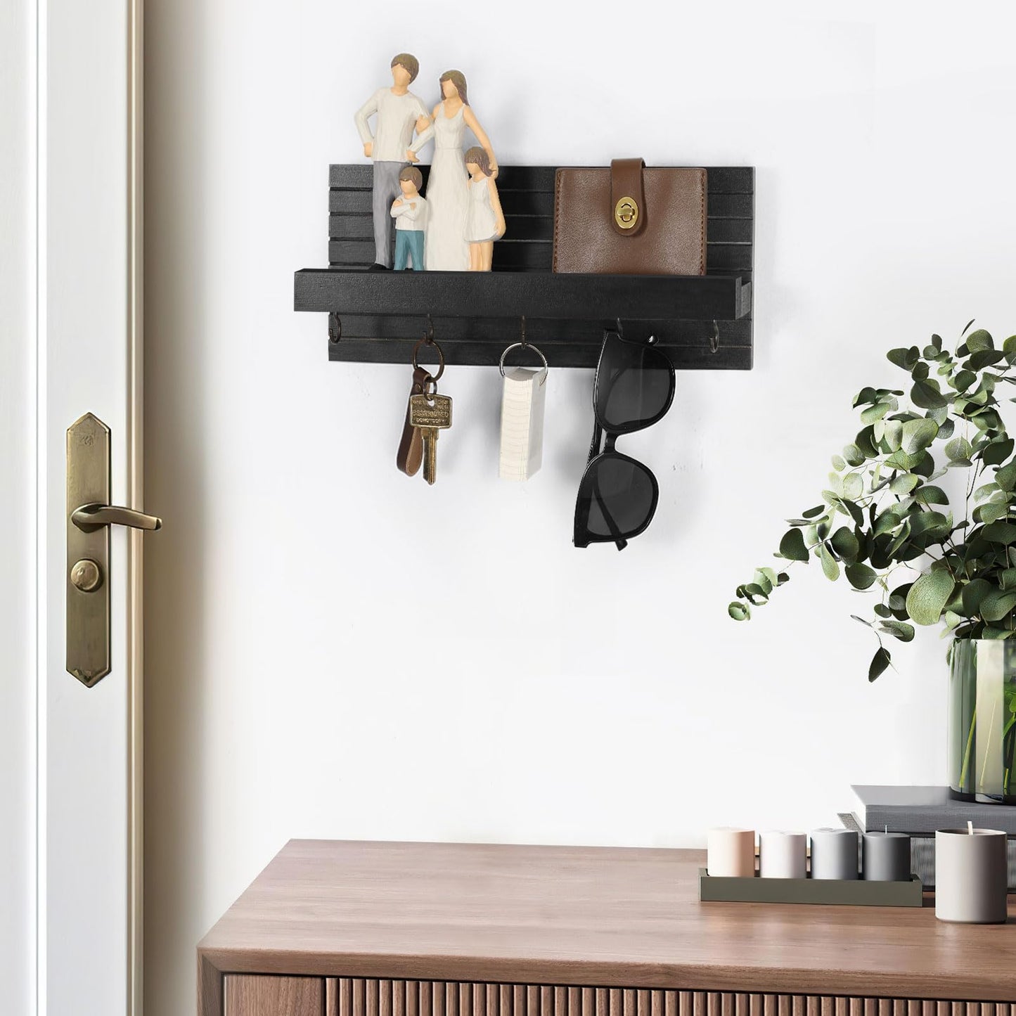 Lwenki Decorative Key Holder for Wall with Shelf, Entryway Shelf with Hooks Holds Leashes, Jackets and Glasses – Sturdy Wood Keyholder Entrance Hanger with Mounting Hardware (Black)