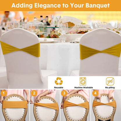 Frienda 120 Pieces Spandex Stretch Chair Sashes Bows, Elastic Chair Cover Bands Ties Without Buckle for Wedding Reception Events Universal Ceremony Banquet Decorations (Dark Gold)