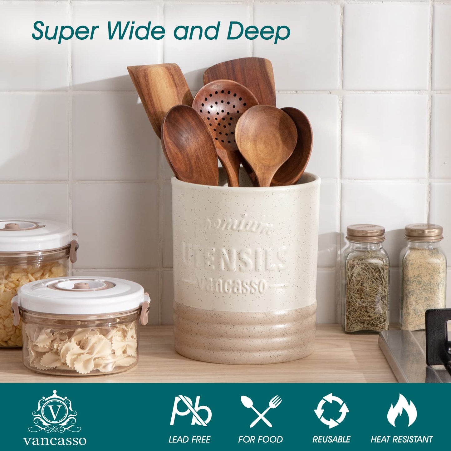 vancasso Sabine Ceramic Utensil Holder for Kitchen Counter, 7.2" Large Utensil Crock, Matte Cream Farmhouse Kitchen Utensil Holder, Countertop Organizer for Spoons, Spatulas and Cooking Tools