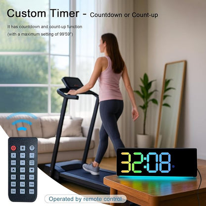JoFomp 12" RGB Color LED Digital Wall Clock with Remote Control, Seconds Display, Plug-in Digital Alarm Clock with Auto Brightness, DST, Temp, Digital Clock for Living Room, Bedroom, Classroom, Office