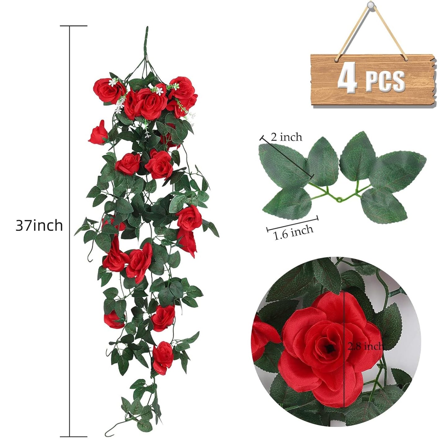 RECUTMS Artificial Red Rose Hanging Flowers Plants, 4PCS 37 Inches Draping Fake Ivy Garland with 30 LED Fairy String Lights for Home Garden Wedding Valentines Day Indoor Outdoor Greenery Decorations
