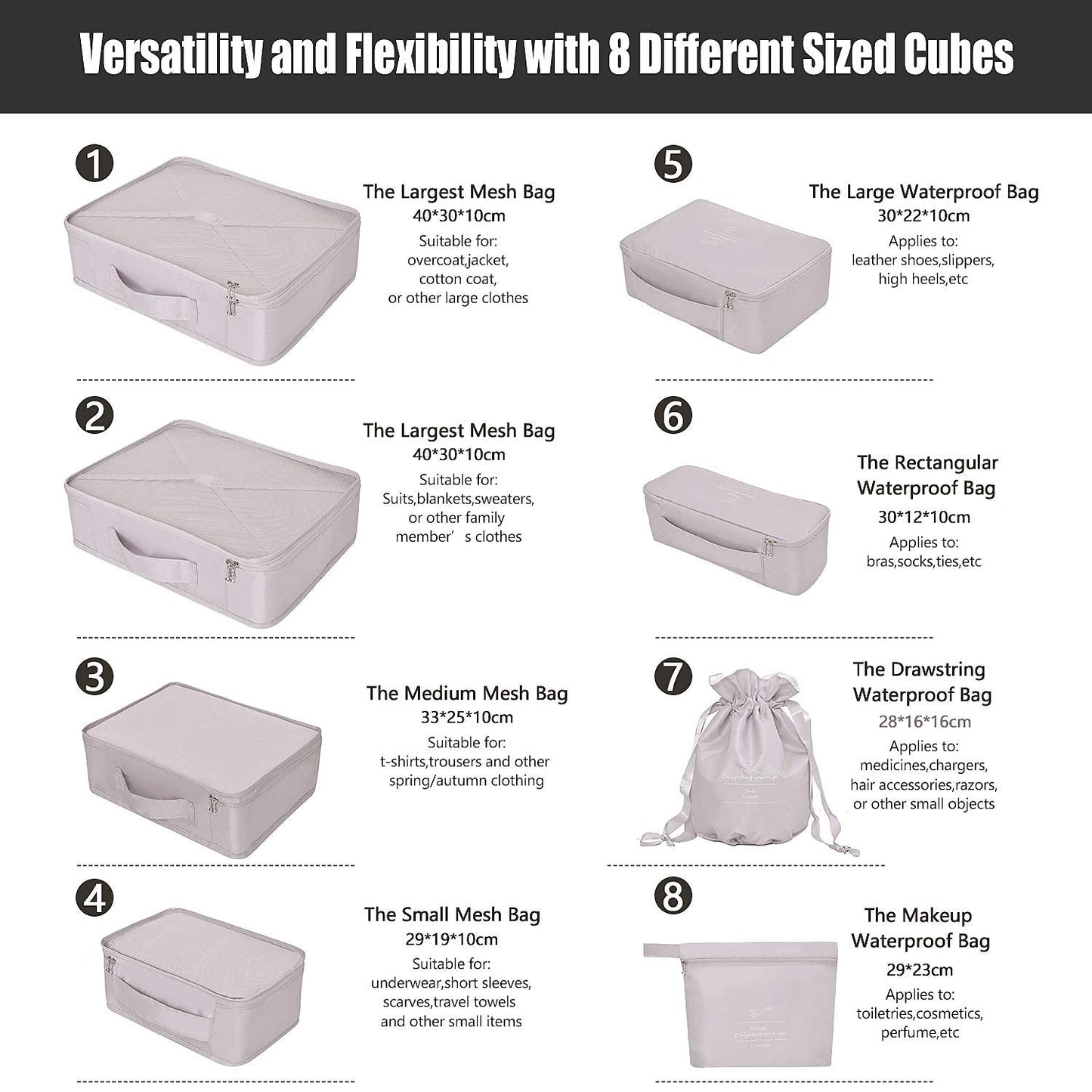 Packing Cubes 8 Sets Travel Luggage Organizers Include Waterproof Shoe Storage Bag Convenient Packing Pouches for Traveller (Grey)