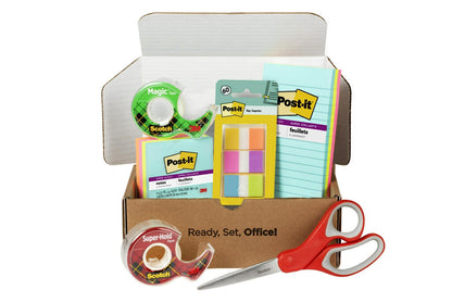 Scotch and Post-it brand office essentials kit, business and teacher supplies set with super sticky notes, super hold tape, magic tape, flags, sharp scissors, multicolor