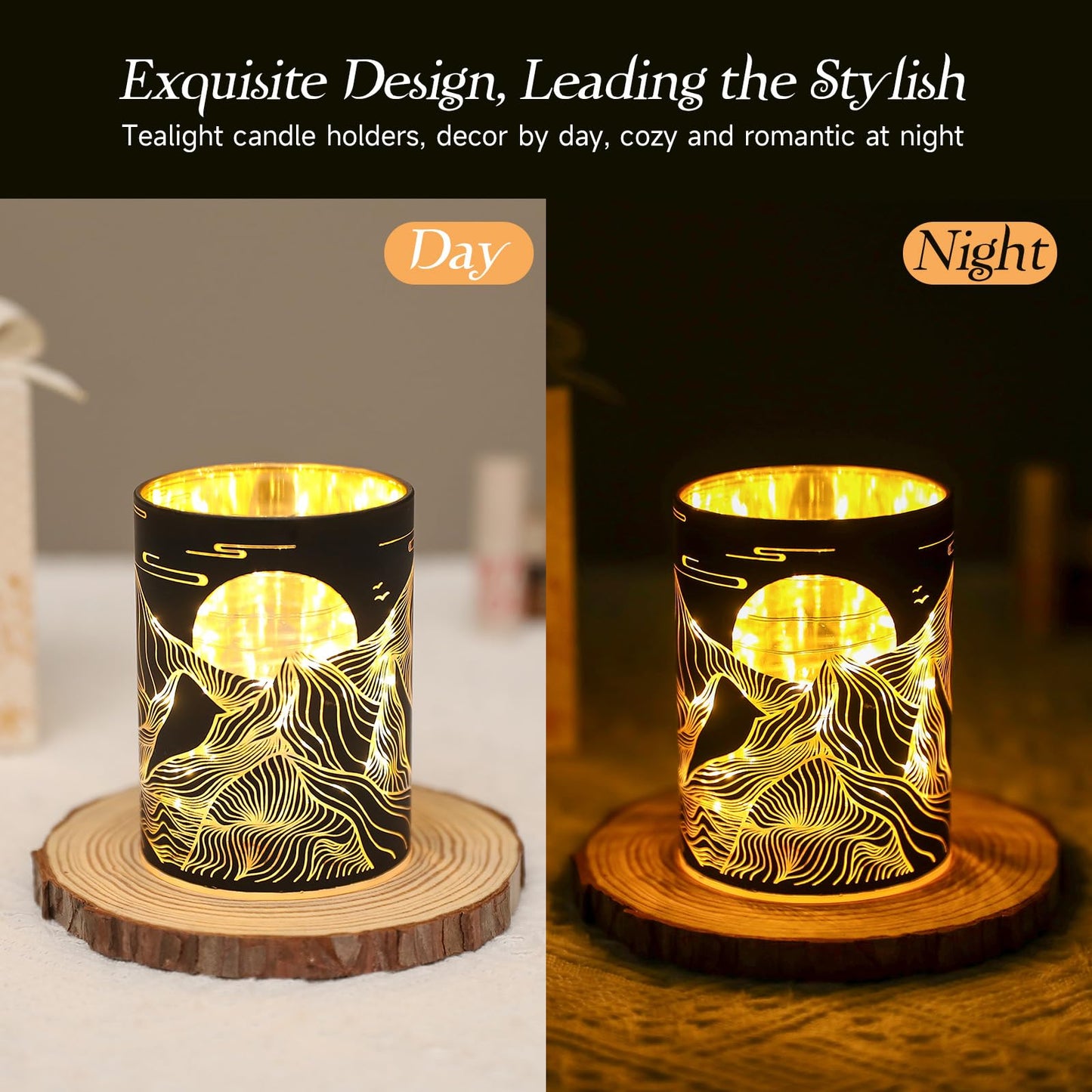 Glass Tealight Candle Holder, SunGlee Votive Candle Holders with LED String Light for Wedding, Birthday, Christmas Party Centerpiece Table Decor, Handmade Candle and Gift for Woman 2Pack
