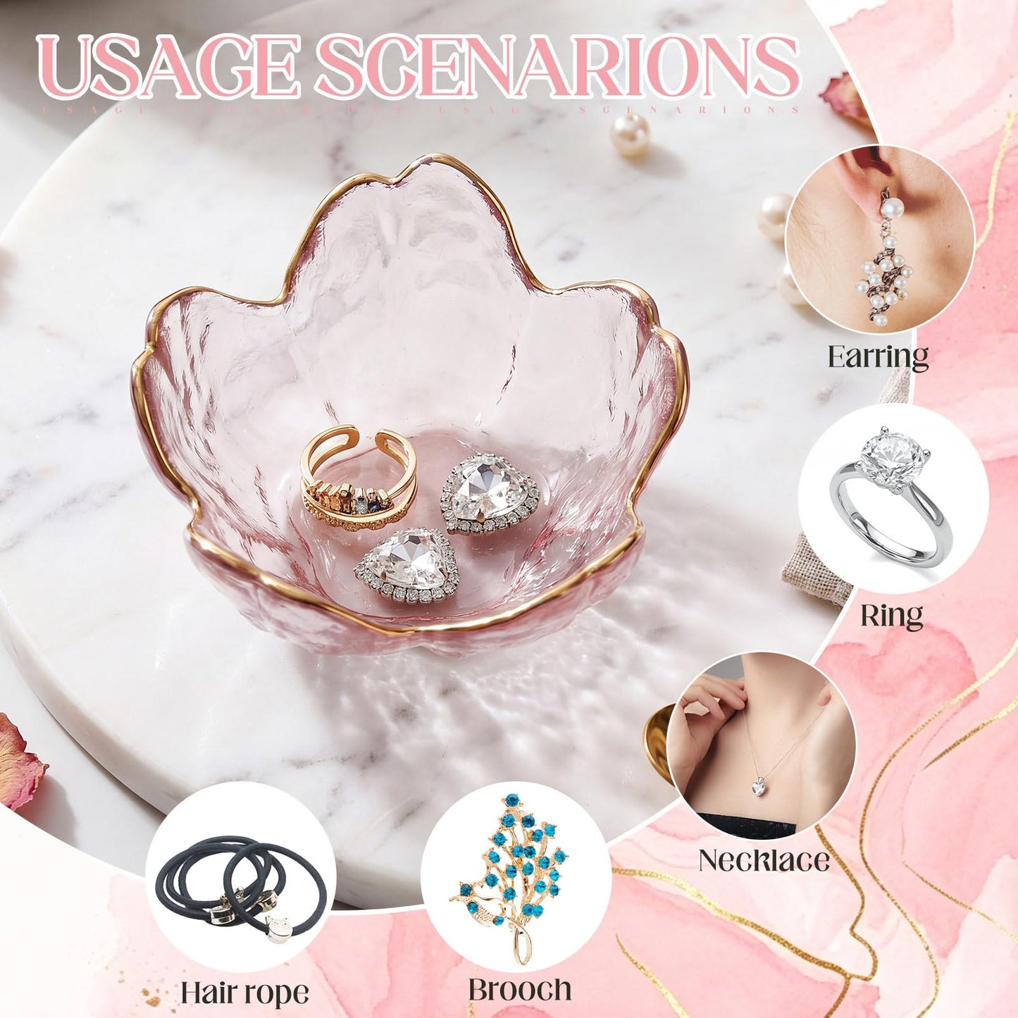 LOYIM 4 Pack Glass Jewelry Dish Small Flower Ring Holder Trinket Tray for Earrings Key Vanity Decor for Women Wedding Gift
