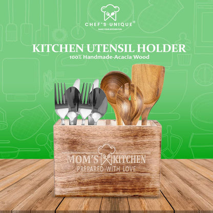 CHEF'S UNIQUE Wooden Utensil Holder For Countertop - Durable Cooking Utensils Holder - large Rustic Countertop Kitchen Décor - Spatula Utensils And Spoons Organizer With Divider