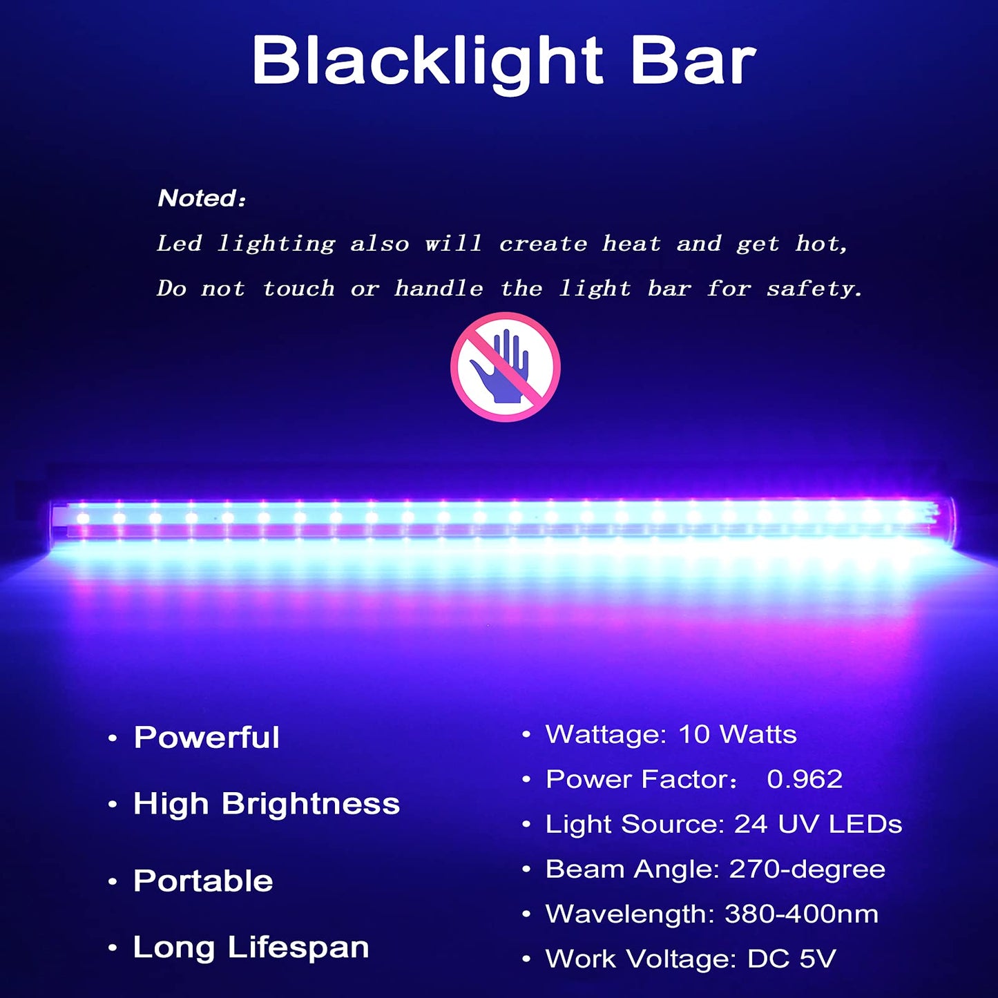 Led Black Light Bar, 10W 1ft USB UV Blacklight Tube, Glow in The Dark Party Supplies for Halloween Decorations, Room, Body Paint, Poster, Urine Detection, 2 Pack