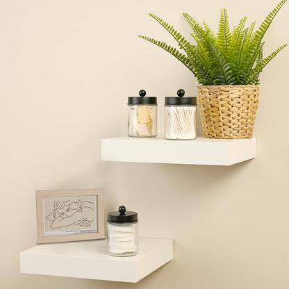 SheeChung 2-Pack Qtip Holder Dispenser - Glass Apothecary Jars with Rust-Proof Stainless Steel Lids - Modern Farmhouse Bathroom Vanity Organizer for Cotton Swabs, Balls, Pads(Black)