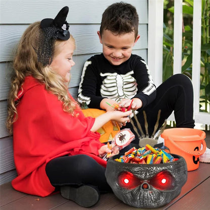 Halloween Candy Bowl, Animated Halloween Skull Pumpkin Bowl, Automatic Sensor/Button Press Scary Candy Dish with Creepy Moving Skeleton Hand and Scream for Trick or Treat to Kids(Skeleton Style)