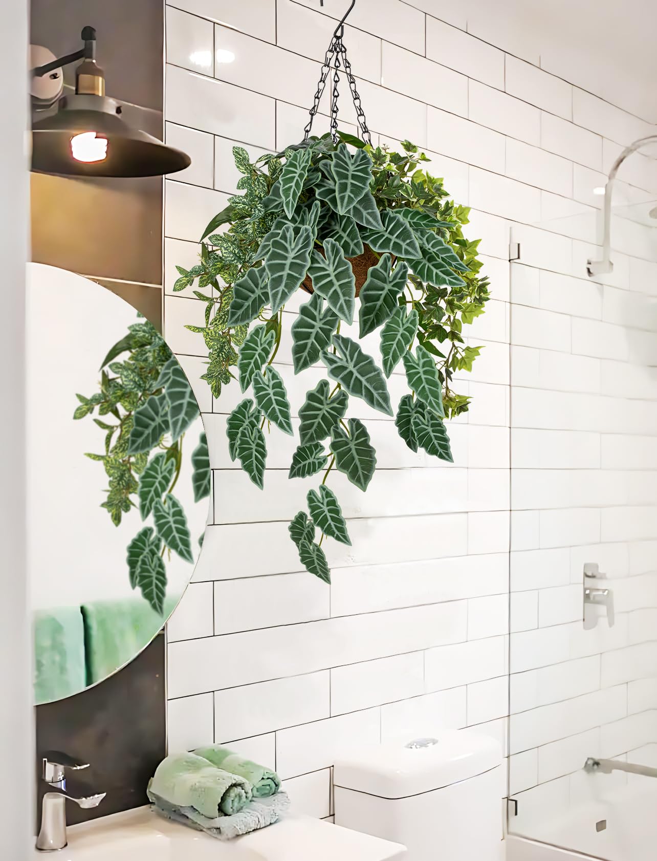 Fake Hanging Plant with Pot, Large Hanging Artificial Plants with Basket & Hanger Faux Greenery Plants Indoor Outdoor Decor Fake Alocasia Longiloba Plant in Pot for Wall Balcony Patio Office Bathroom