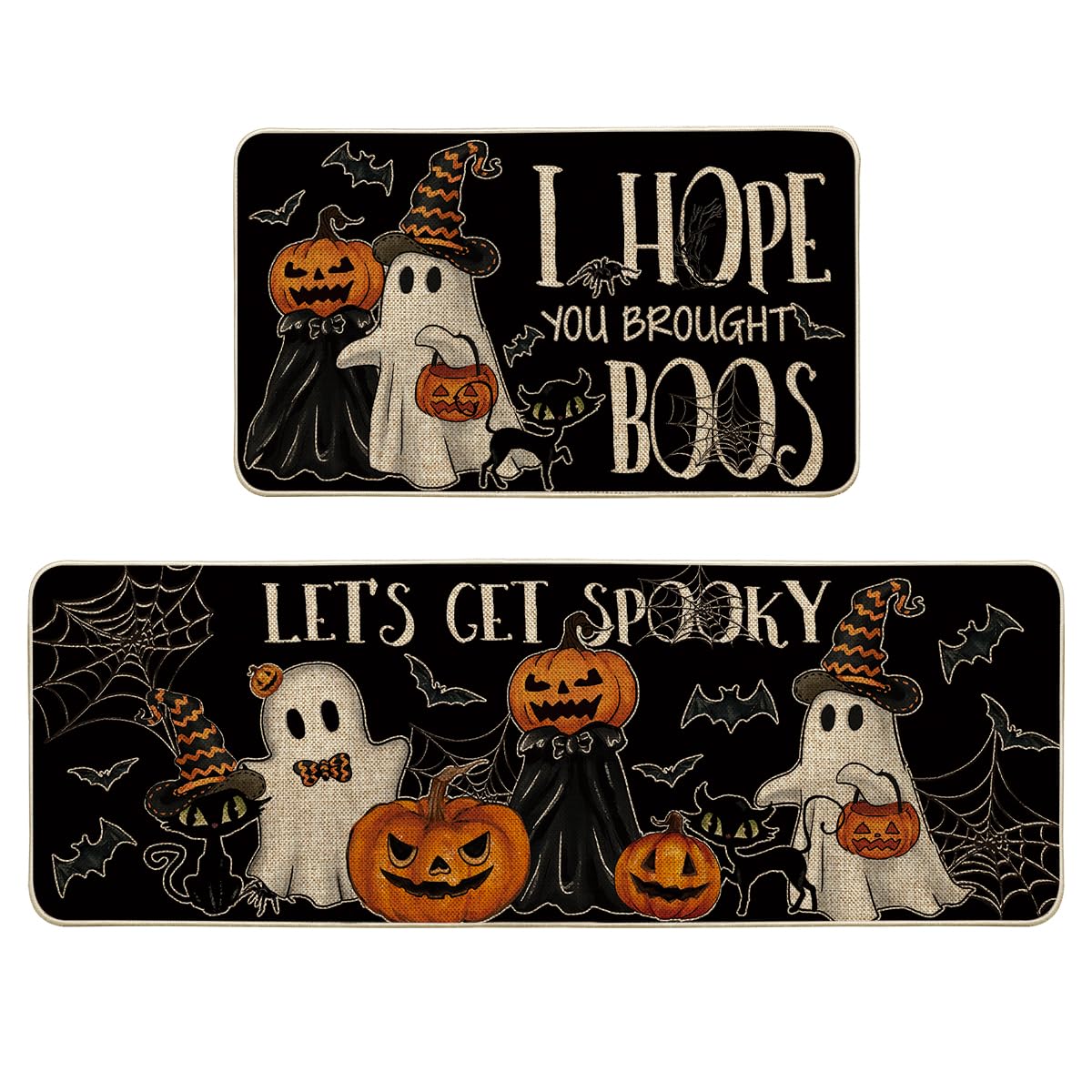 Artoid Mode Black I Hope You Brought Boos Spider Web Pumpkin Halloween Kitchen Mats Set of 2, Black Cat Home Decor Low-Profile Kitchen Rugs for Floor - 17x29 and 17x47 Inch