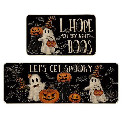 Artoid Mode Black I Hope You Brought Boos Spider Web Pumpkin Halloween Kitchen Mats Set of 2, Black Cat Home Decor Low-Profile Kitchen Rugs for Floor - 17x29 and 17x47 Inch
