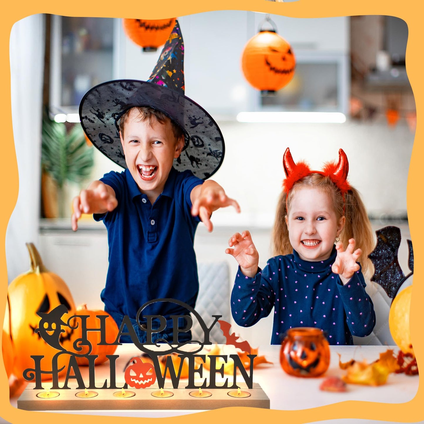 Metal Happy Halloween Sign, Tiered Tray Decor with 18pcs Tealights, Black Halloween Decorations Tea Lights Holders for Home, Office, Shelf, Mantel, Indoor, Table, Spooky Jack-o-lantern Ghost Bat Decor