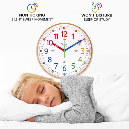 Oyster&Pop Kids Clock - Silent 10" Analog Clock, Learning Wall Clocks - Award-Winning Telling Time Teaching Clock for Kids - Bedrooms Homeschool & Classrooms - Includes eBook