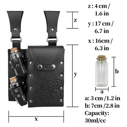 HiiFeuer Medieval Alchemy Faux Leather Belt Bag with 2 Cork Potion Vials, Fantasy Wizard Waist Pouch Side Pack for Ren Faire (Black B)