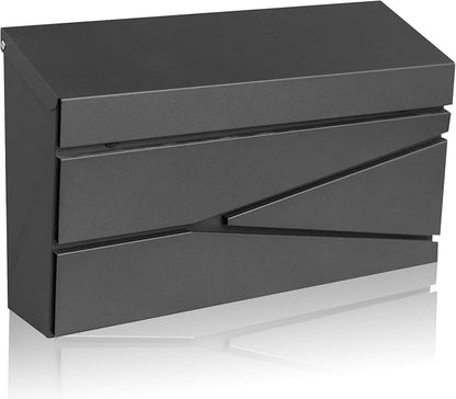 Ydocabinit Wall Mount Mailbox, Large Capacity Mailbox for House, Galvanized Steel Rust-Proof Metal Post Box Drop， Mailboxes for Outside, 15.74"×9.84"×4.33", Black Modern Sleek Style