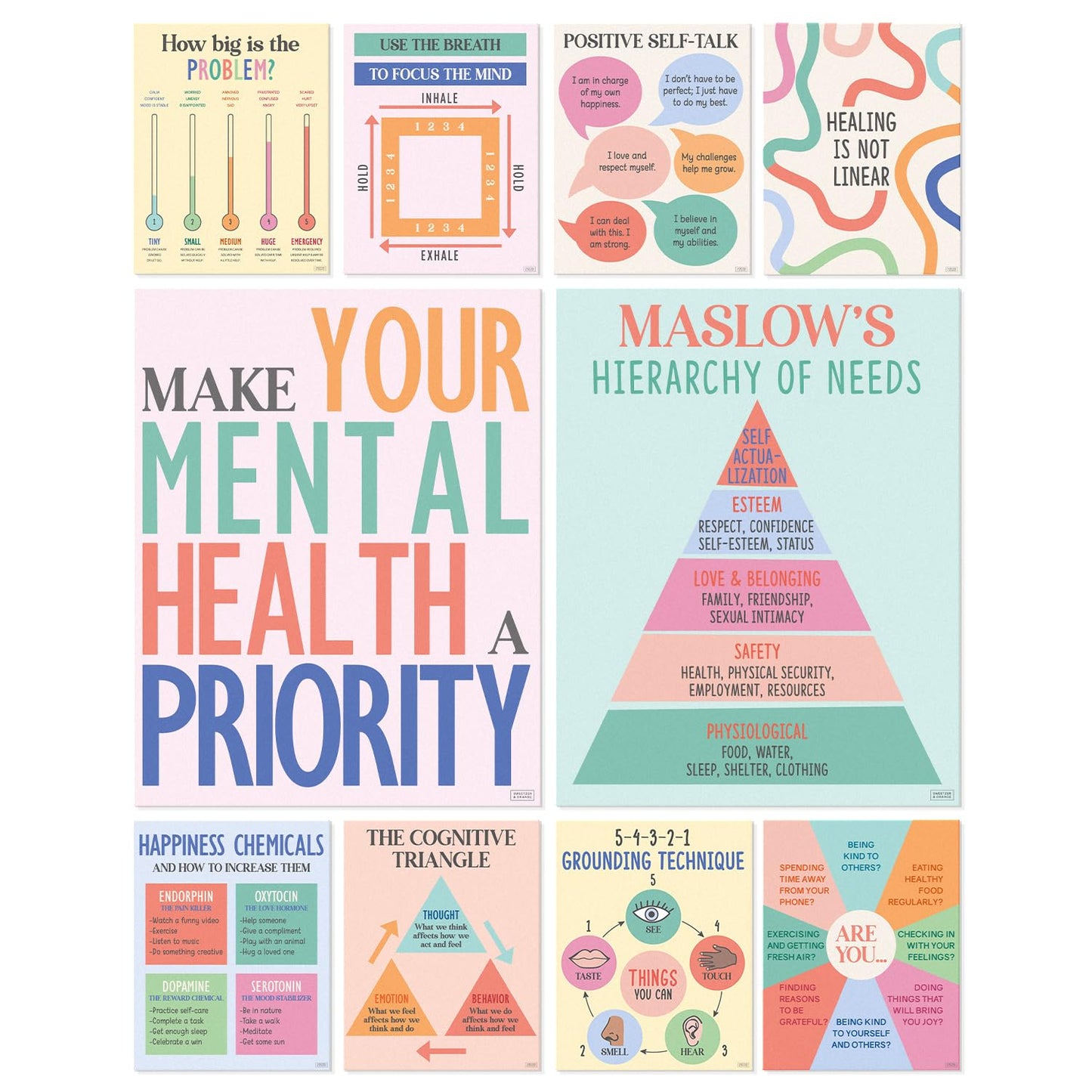 S&O Mental Health Posters for Office & School - Therapy Office Decor - Counseling and Awareness Wall Art Decorations - Growth Mindset Inspirational Quotes - Classroom Academy Counselor Supplies - 10PC