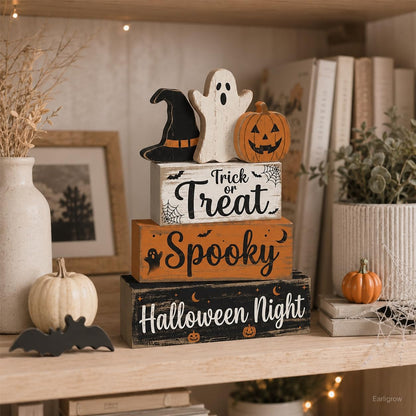 4 Pcs Halloween Decor, Trick or Treat Tiered Tray Decorations, Wooden Block Signs with Ghost Jack-O-Lantern Witch Hat, Farmhouse Rustic Table Centerpiece for Home Kitchen Mantel