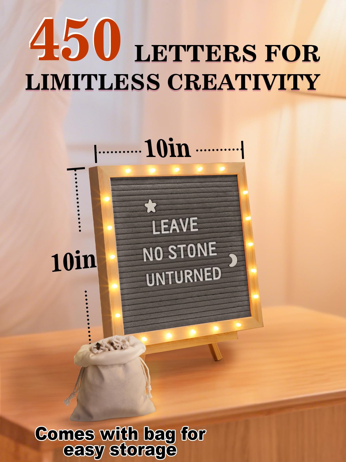 Changeable Felt Letter Board with LED Lights - 10×10" Message Custom Signs & Wood Stand & 450 Letters, Poster Board for Baby/Pregnancy Announcement/Classroom Wall Decor Gifts First Day of School, Grey