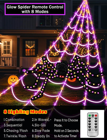 LCHUANG Spider Webs Halloween Decorations Lights - 250 LEDs Outdoor Halloween String Lights with 60" Light Up Spider,8 Modes Remote Control 16.4Ft Spiderweb,Waterproof (Orange+Purple)