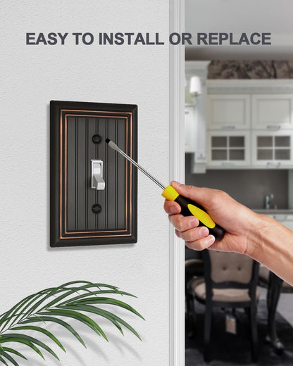 ZILLSEA 4-Pack Aged Bronze Light Switch Covers, Classic Beadboard Single Toggle Wall Plates, Metal Switch Plate Covers, 3.15''*4.88'', Midsize