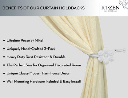 RTZEN Decorative Metal Curtain Tiebacks - Farmhouse Wrought Iron Curtain Holdbacks - Drapery Holders for Wall - Unique Metal Tie Backs for Curtains - 2 Pcs (White Flower)