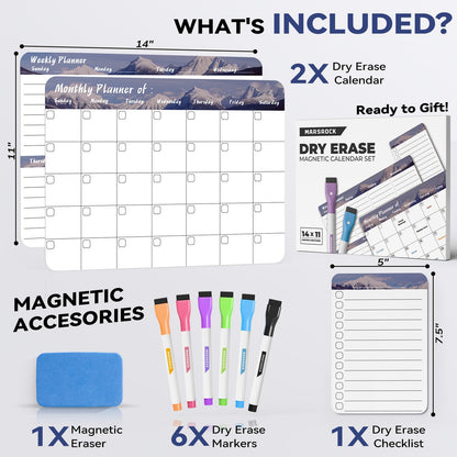 Marsrock Dry Erase Magnetic Calendar for Refrigerator (3 Pack) - Monthly & Weekly & Daily Planner Magnet Whiteboard for Fridge - Shopping, to Do List, Meal/Menu, Planning Board, 14"x11", Grey
