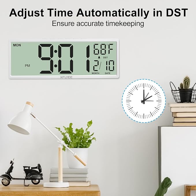 14.5'' Large Digital Wall Clock Battery Operated with Jumbo Numbers, Auto DST, Day, Date, Alarm, Temperature for Living Room, Bedroom, Desk Decor, Gift, LCD Screen Display Easy to Read and Set