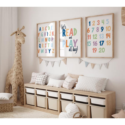 Pennclys Kids Playroom Wall Art Decor Alphabet Poster Play Room Canvas Wall Decor ABC Nursery Wall Art 123 Toddler Poster Let's Read for Boy Girl Room 12x16 Inch Unframed Set of 3