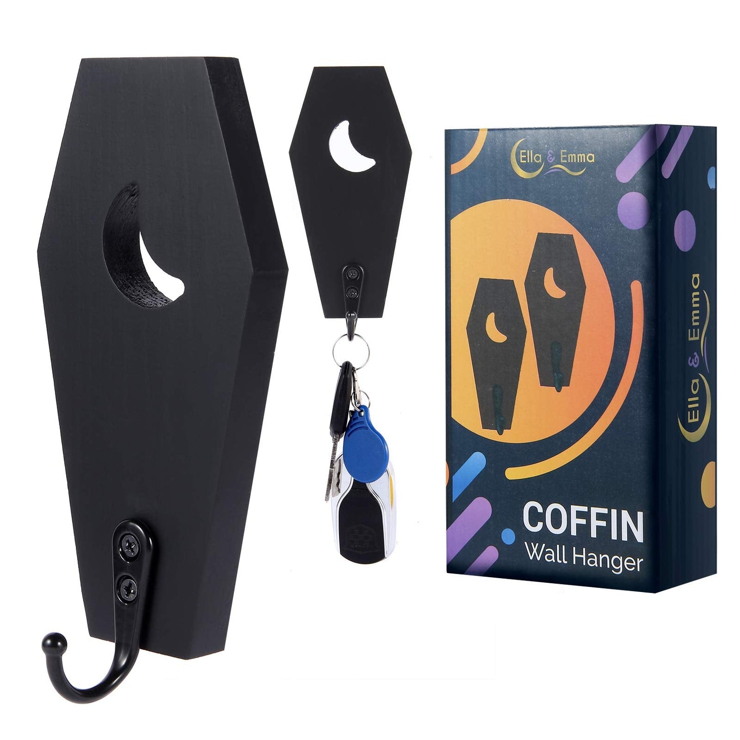 Ella & Emma Wall Mounted Coffin-Shaped Key Holder - Gothic Home Decor Wall Hanger with Hook - Gothic & Spooky Halloween Decor for Home - 2 Pieces (Coffin & Moon)