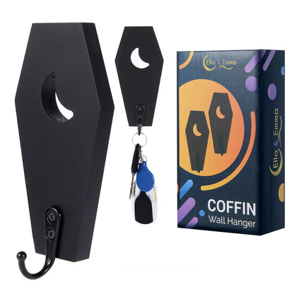 Ella & Emma Wall Mounted Coffin-Shaped Key Holder - Gothic Home Decor Wall Hanger with Hook - Gothic & Spooky Halloween Decor for Home - 2 Pieces (Coffin & Moon)