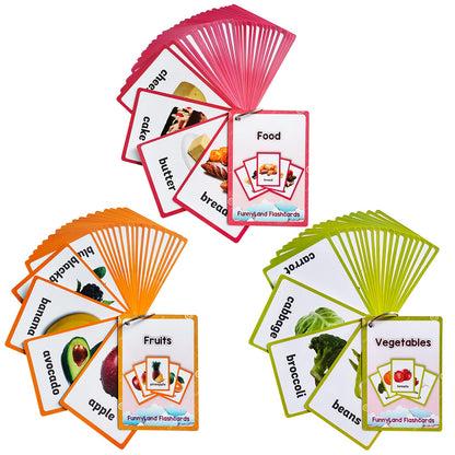 Lilias Fruits Vegetable Food Flash Cards, English Words Learning Pocket Card for Toddlers, Toddler Learning Toys, Learning Supplies for Kindergarten Preschool, 3 Themes Set, (WC003,004,005)