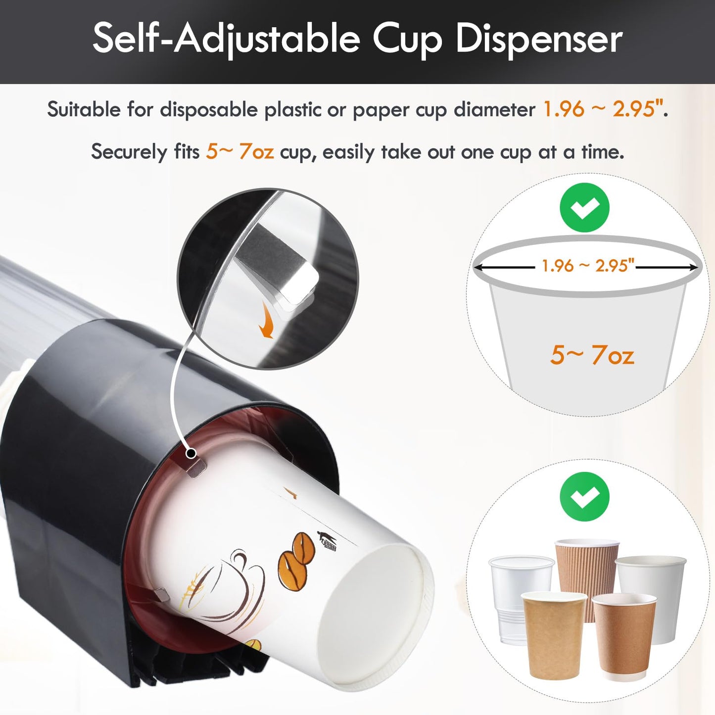 LBTING Cup Dispenser, Water Cooler Pull Type Cup Holder Fits 7oz - 12oz Cone or Flat Bottom Cups, Paste or Screw Plate Wall Mount, 16.9" Tube Length Black