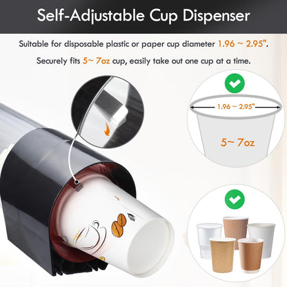 LBTING Cup Dispenser, Water Cooler Pull Type Cup Holder Fits 7oz - 12oz Cone or Flat Bottom Cups, Paste or Screw Plate Wall Mount, 16.9" Tube Length Black