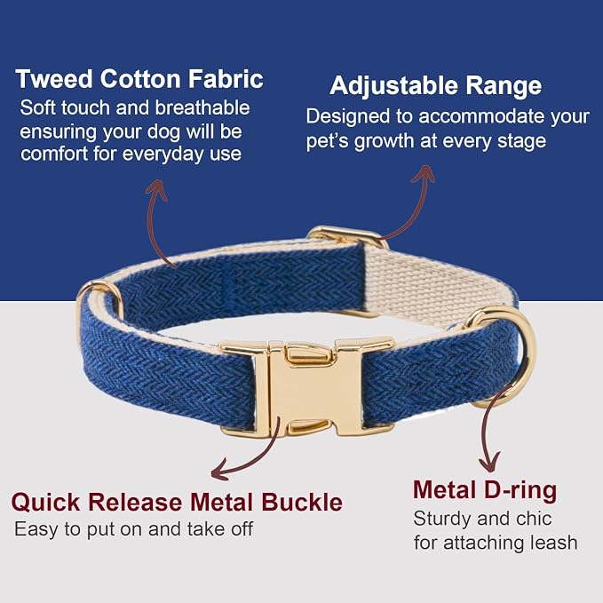 Soft Dog Collar and Leash Set Adjustable Woven Tweed Dog Collars with Metal Buckle and Lead for Small Medium Large Dogs,Royal Blue