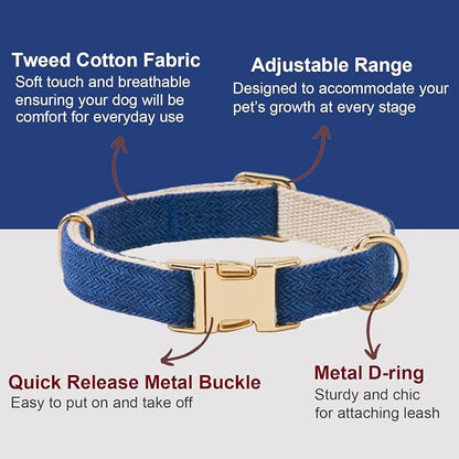 Soft Dog Collar and Leash Set Adjustable Woven Tweed Dog Collars with Metal Buckle and Lead for Small Medium Large Dogs,Royal Blue
