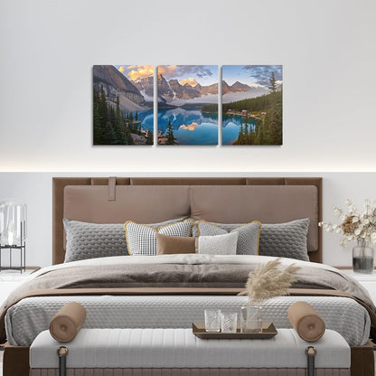 jejeloiu Lake Mountain Canvas Wall Art for Living Room Bedroom 12"x16"x3pcs Tree Sunrise Picture Wall Decor for Bathroom Nature Landscape Office Decorations Artwork Posters Foggy Scenic Painting