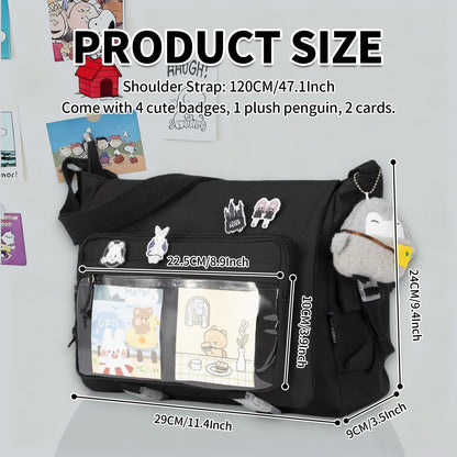 Kawaii Crossbody Ita Bag for Women with Pin and Plush Penguin, Cute Messenger Bag Japanese Crossbody Bag Y2K Purse Black Fit 15.6 Inch Laptop