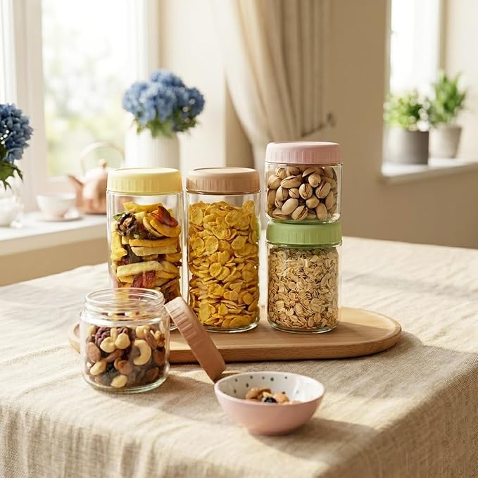 SHOWIN Overnight Oats Containers with Lids, 24oz Glass Jars with Lids 8 pcs, Apricot, Wide Mouth Mason jars for Salad, Yogurt, Snacks, Meal Prep