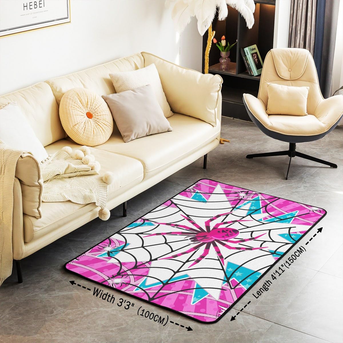 Manfei Pink Spider Kids Area Rug,Black Spider Web Halloween Gothic Trippy Indoor Floor Mat Entrance Rug for Girls Boys,Stars Stripe Geometric Non Slip Rug,Unique Couch Living Room Decor,5'x6'6''