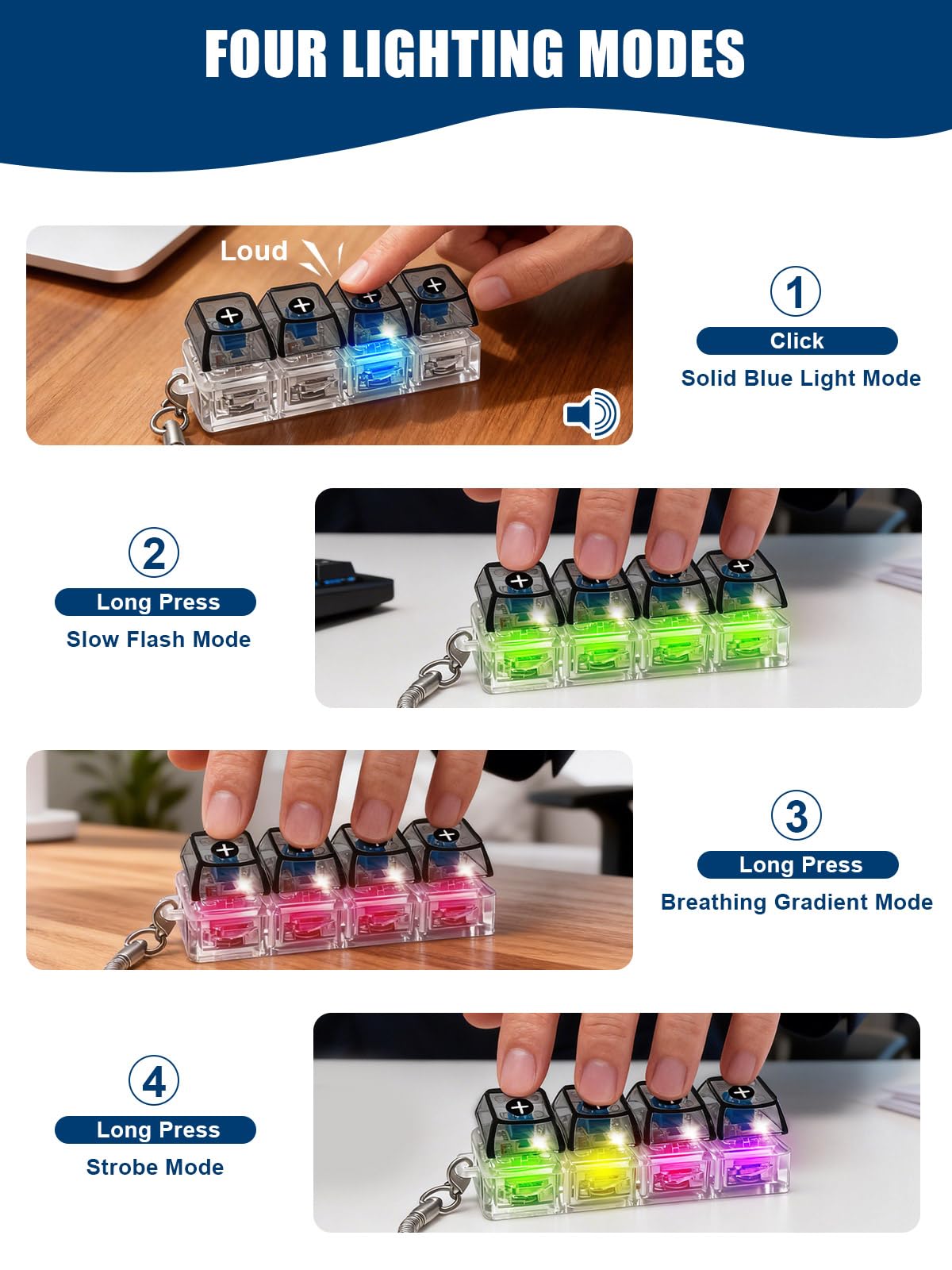 4PCS Light Up Keyboard Fidget Toy, 4-Key LED Keyboard Fidget Clicker Keychain with RGB Lights, Portable Mechanical-Style Sensory Desk Toy for Adults and Teens