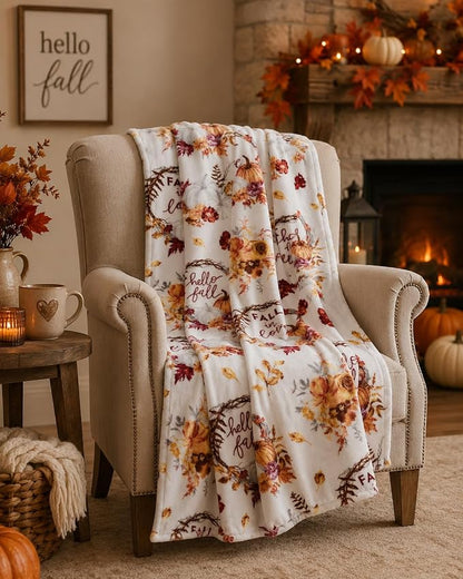 Serafina Home Fall Fleece Throw Blanket: Soft Harvest Hello Fall Pumpkin Floral Design, Autumn Colors on White, 70" x 50"