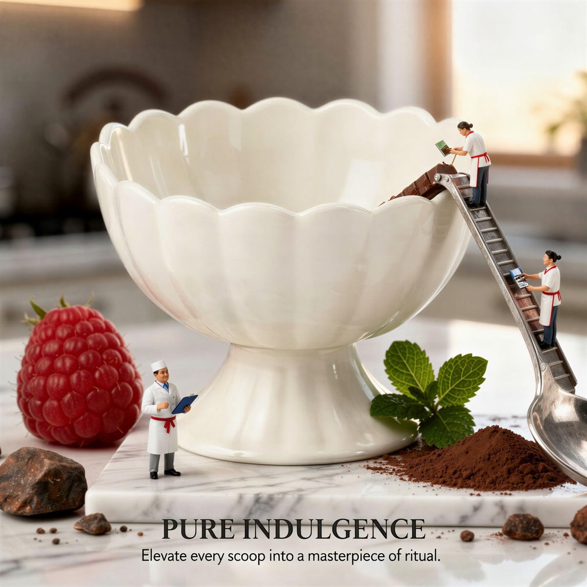 4 Pcs Ceramic Dessert Bowls Set, Elegant Scalloped Rim Pedestal Cups with 4 Spoons, 6.76 fl oz Small Dessert Bowls, Smooth Finish, Easy Clean, 4.5 x 3.5 in for Ice Cream, Snacks, Puddings, White
