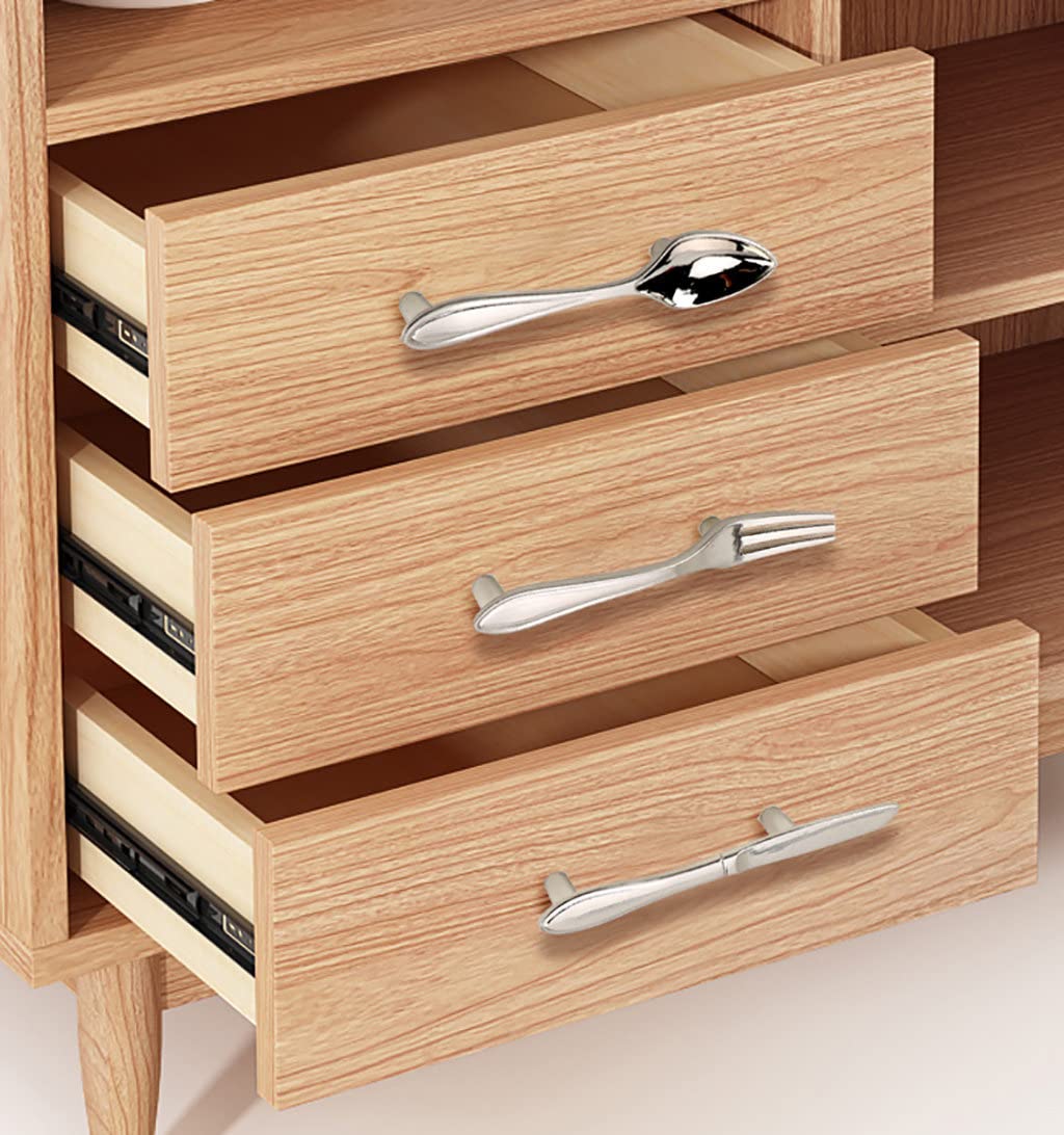 Sinyiol 3Pcs Funny Cutlery Tableware Cabinet Pulls,Creative Spoon Fork Knife Shape 3" Hole Center Vintage Kitchen Cupboard Pulls Handles,Cute and Fun (Mixed Pack, Silver, 3Pcs)