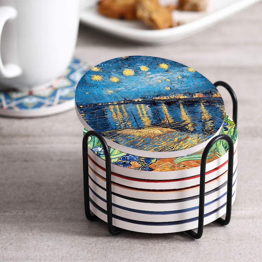 Heideryafei 4 Inch Round Marble Coasters, Van Gogh Art Painting Style Beverage Coasters with Storage Rack 8-Piece Set