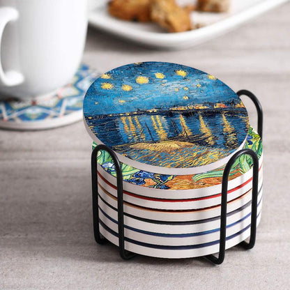 Heideryafei 4 Inch Round Marble Coasters, Van Gogh Art Painting Style Beverage Coasters with Storage Rack 8-Piece Set
