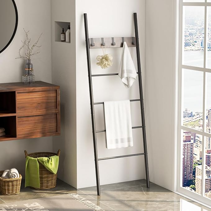 S AFSTAR Wall Leaning Blanket Ladder, 5-Tier Ladder Shelf with 5 Removable Hooks, Industrial Blanket Holder Rack, Drying and Display Rack for Bathroom, Living Room, Entrance, Rustic Brown