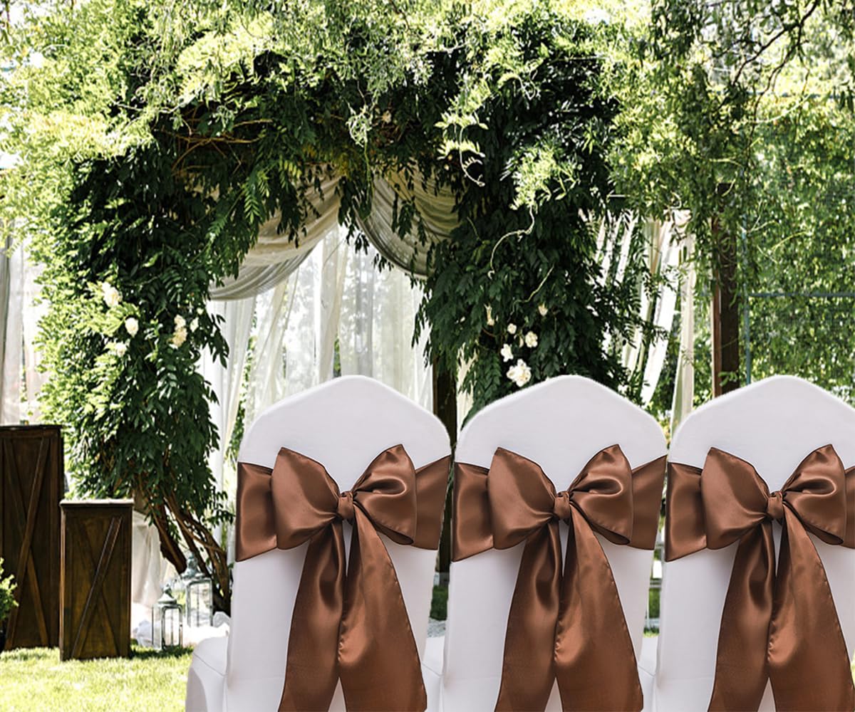 JFDYDM 50 Pack Satin Brown Chair Sashes Bows for Thanksgiving Halloween Autumn Wedding Birthday Party Deocrations, Brown Sashes for Chair Covers Folding Chairs Chiavari Chairs Decorations