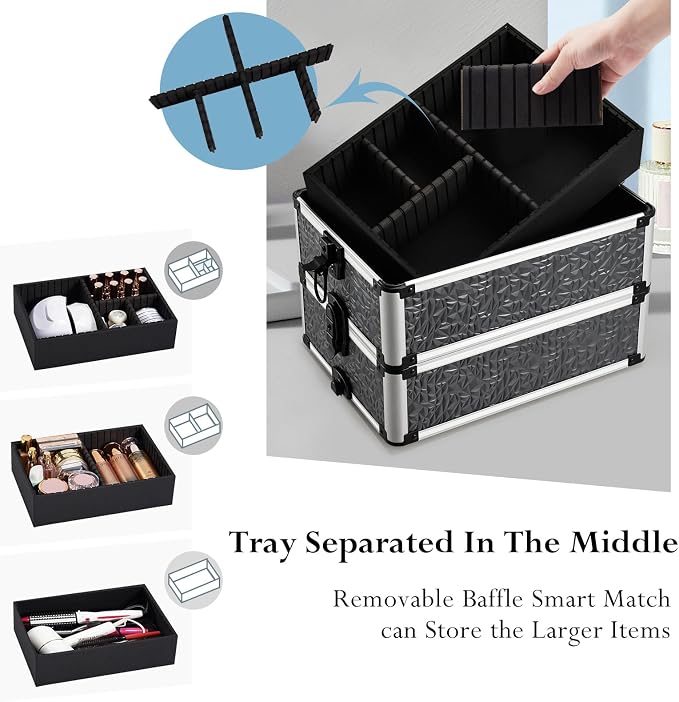 Stagiant Rolling Makeup Train Case Cosmetology Case on Wheels 4 in 1 Large Cosmetic Case with Wheels Makeup Travel Case with Keys Nail Kits Organizer Artist Salon Storage Traveling Cart Trunk Tricolor