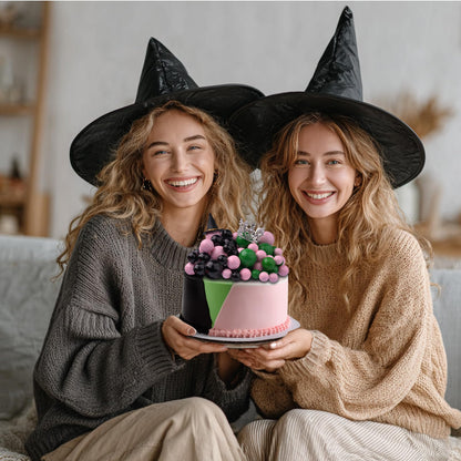 35 Pcs Wicked Party Decorations Supplies Witch Cake Topper Set with Crown Witch Hat Non Edible Cupcake Toppers for Pink and Green Birthday Decoration